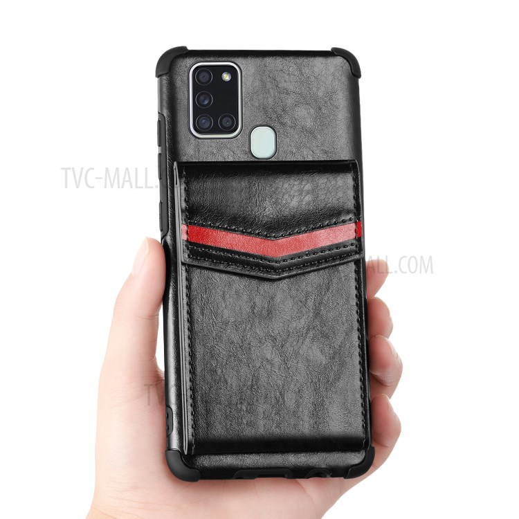 Caso Do Telefone Revestido De Couro Do Pára-choque À Prova Drop Com Slots Do Cartão Externo Para Samsung Galaxy A21s - Preto-5
