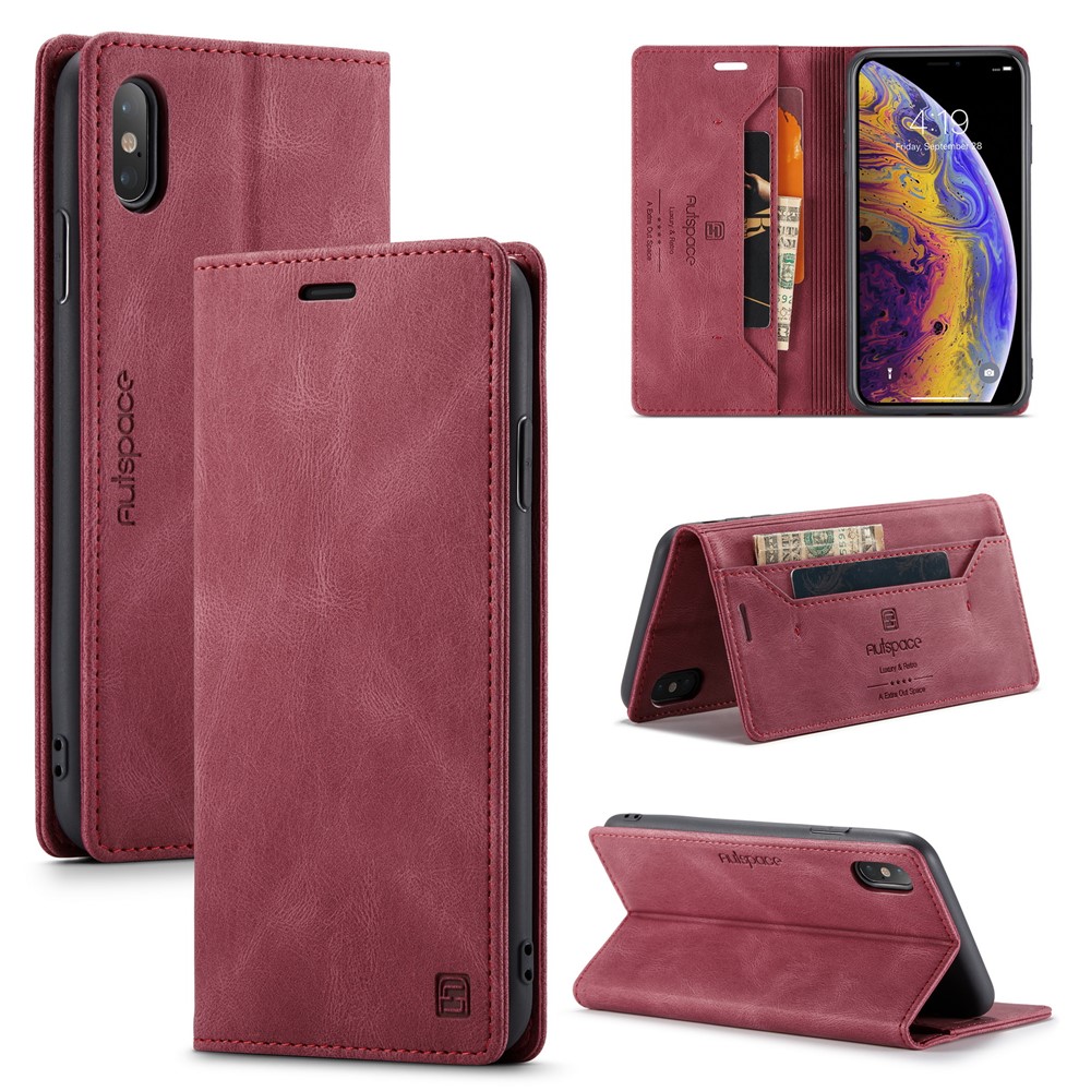 AUTSPACE A01 Series RFID Blocking Retro Matte Wallet Leather Case for iPhone XS Max 6.5 inch - Red