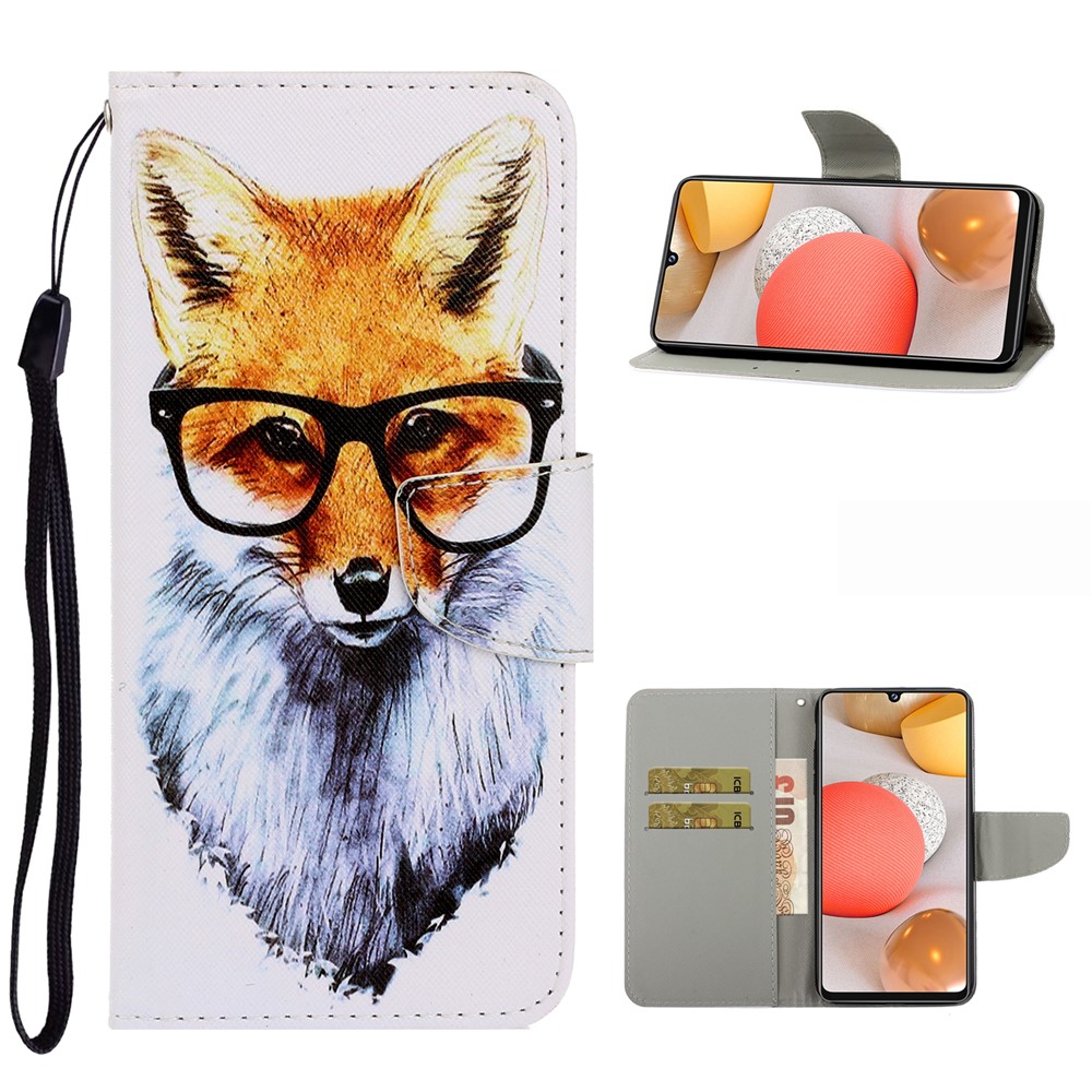 Funda De Cuero De Impresión Del Patrón Para Samsung Galaxy A42 5G Stand Wallet Cubierta De Teléfono Celular - Perro Con Vasos-1
