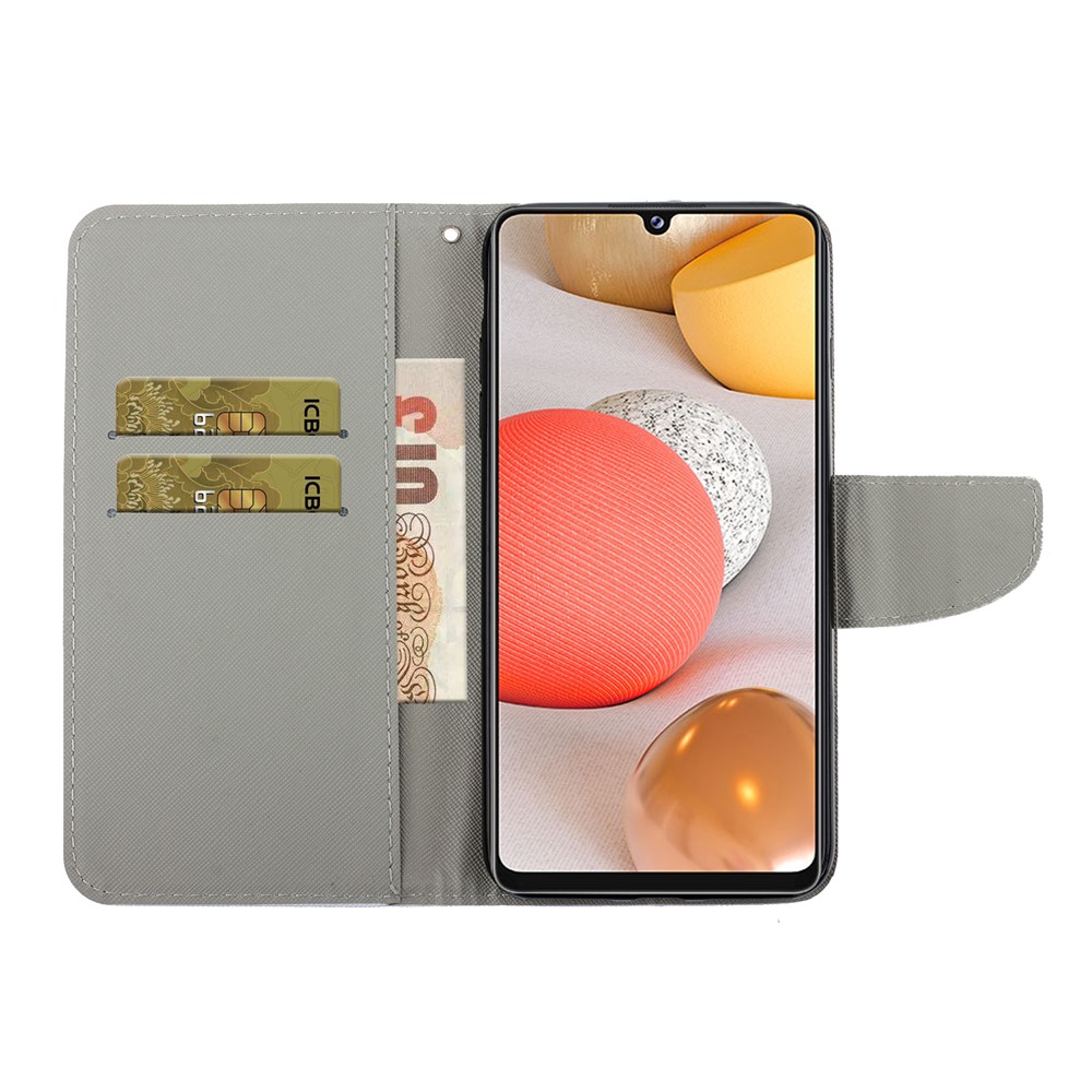 Funda De Cuero De Impresión Del Patrón Para Samsung Galaxy A42 5G Stand Wallet Cubierta De Teléfono Celular - Perro Con Vasos-7
