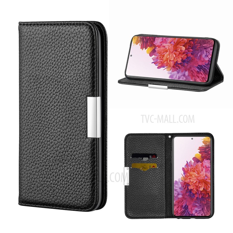 Hebilla De Metal Absorción Automática Litchi Cuero De Piel Cubierta Con Titular De La Tarjeta Para Samsung Galaxy S20 Fe / S20 Fan Edition / S20 Fe 5G / S20 Edición De Ventilador 5G / S20 Lite - Negro-1