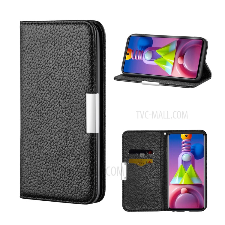 Litchi Skin Metal Buckle Auto-absorbed Leather Cover with Card Holder for Samsung Galaxy M51 - Black-1