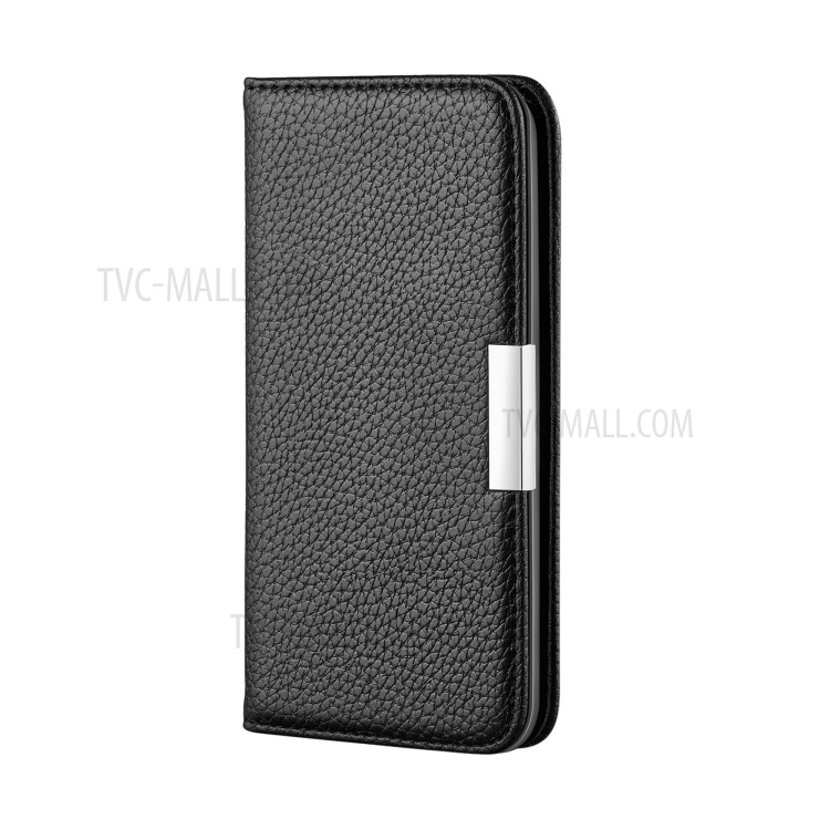 Litchi Skin Metal Buckle Auto-absorbed Leather Cover with Card Holder for Samsung Galaxy M51 - Black-2