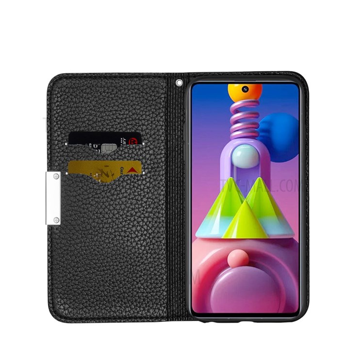 Litchi Skin Metal Buckle Auto-absorbed Leather Cover with Card Holder for Samsung Galaxy M51 - Black-4