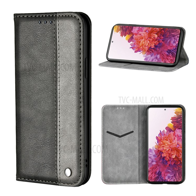 Auto-absorbed Business Splice Leather Cover Card Slot Stand Case for Samsung Galaxy S20 FE/S20 FE 5G - Grey-1