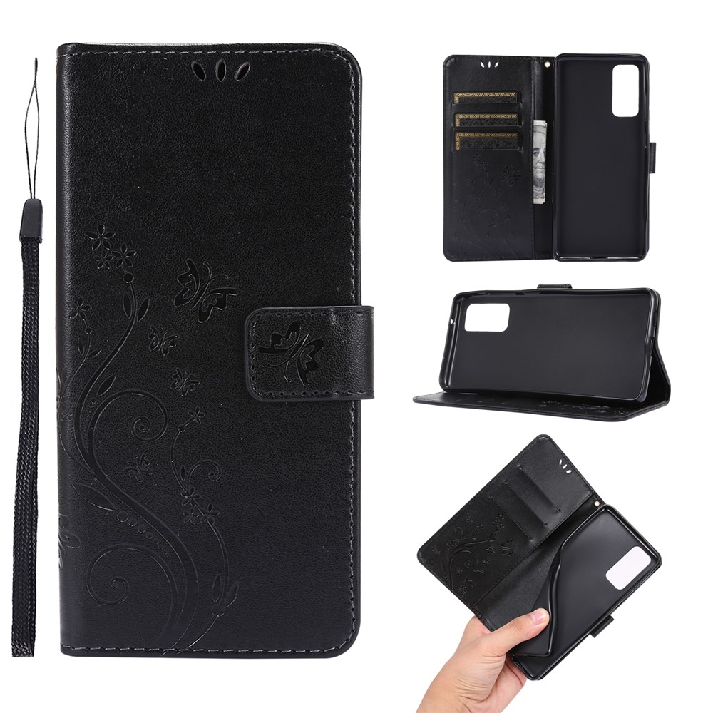 Pour Samsung Galaxy S20 fe 4g / 5g / S20 Lite / S20 fe 2022 Fleur de Papillon Impression de Portefeuille en Cuir - le Noir