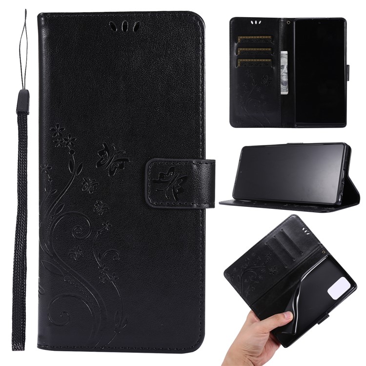 Butterfly Flower Imprinting Wallet Stand Leather Phone Case for Samsung Galaxy Note 20 / Note 20 5G - Black-1