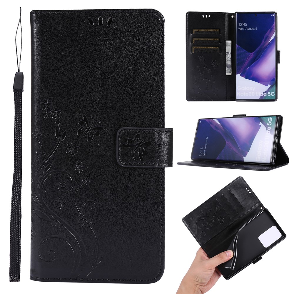 Butterfly Flower Imprinting TPU + PU Leather Wallet Stand Cover Case for Samsung Galaxy Note20 Ultra/Note20 Ultra 5G - Black-1