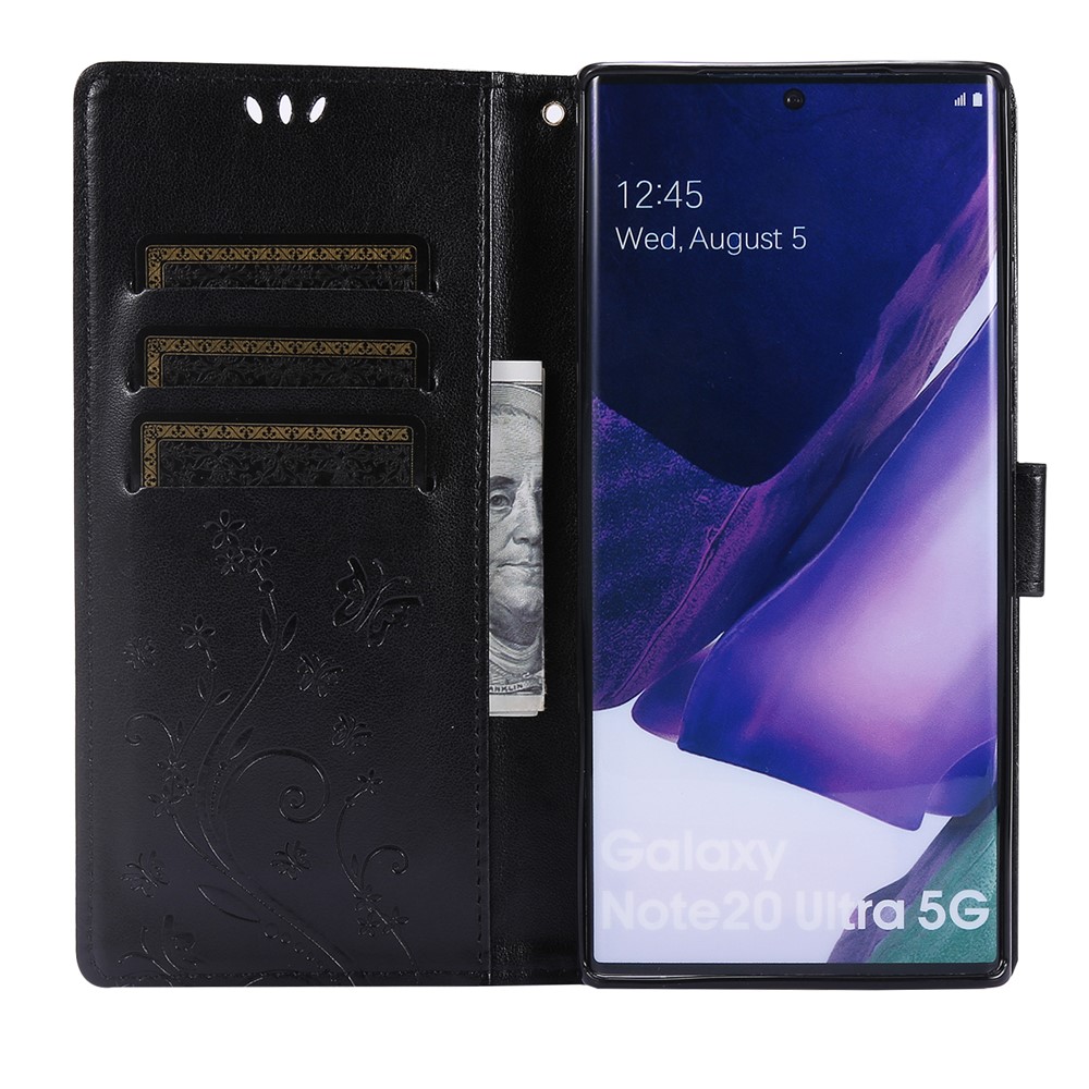 Butterfly Flower Imprinting TPU + PU Leather Wallet Stand Cover Case for Samsung Galaxy Note20 Ultra/Note20 Ultra 5G - Black-6