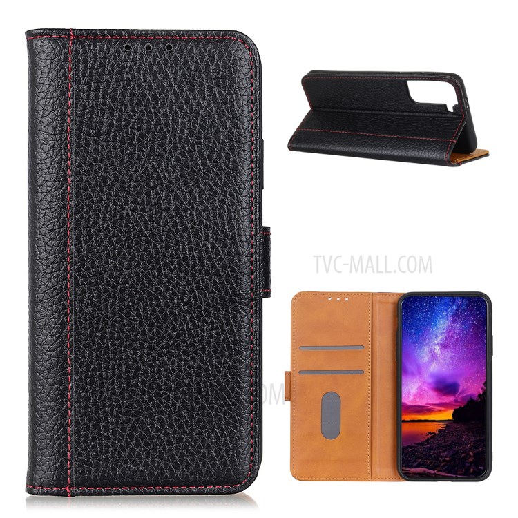 Litchi Texture Stand Case Leather Wallet Shell for Samsung Galaxy S21+ - Black-1