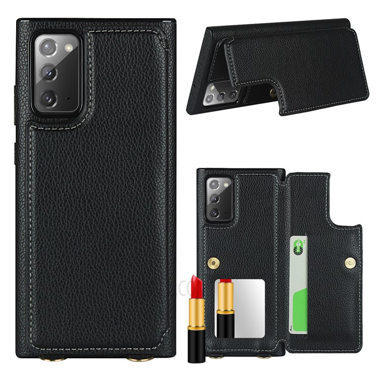 Litchi Texture Card Holder + Mirror Folio Flip Phone Cover with Strap for Samsung Galaxy Note 20/Note 20 5G - Black-1
