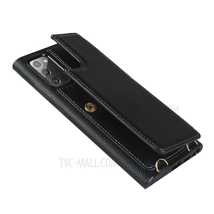 Litchi Texture Card Holder + Mirror Folio Flip Phone Cover with Strap for Samsung Galaxy Note 20/Note 20 5G - Black-11