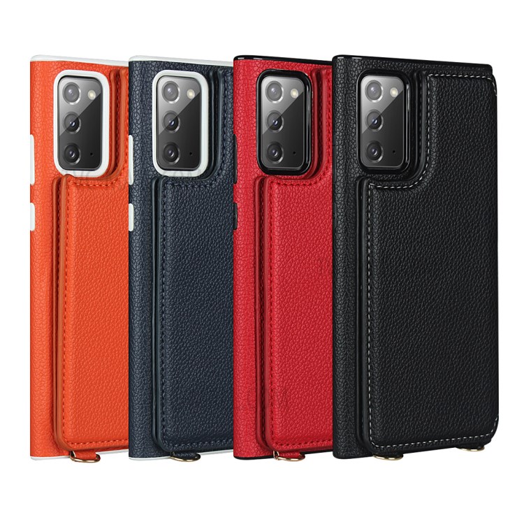 Litchi Texture Card Holder + Mirror Folio Flip Phone Cover with Strap for Samsung Galaxy Note 20/Note 20 5G - Black-12