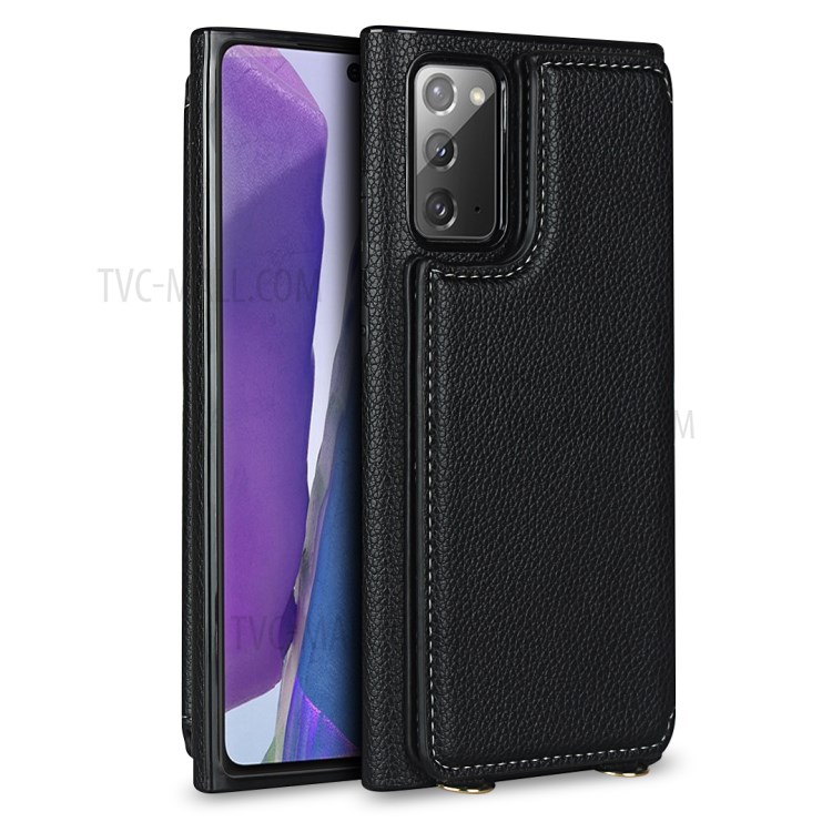 Litchi Texture Card Holder + Mirror Folio Flip Phone Cover with Strap for Samsung Galaxy Note 20/Note 20 5G - Black-2