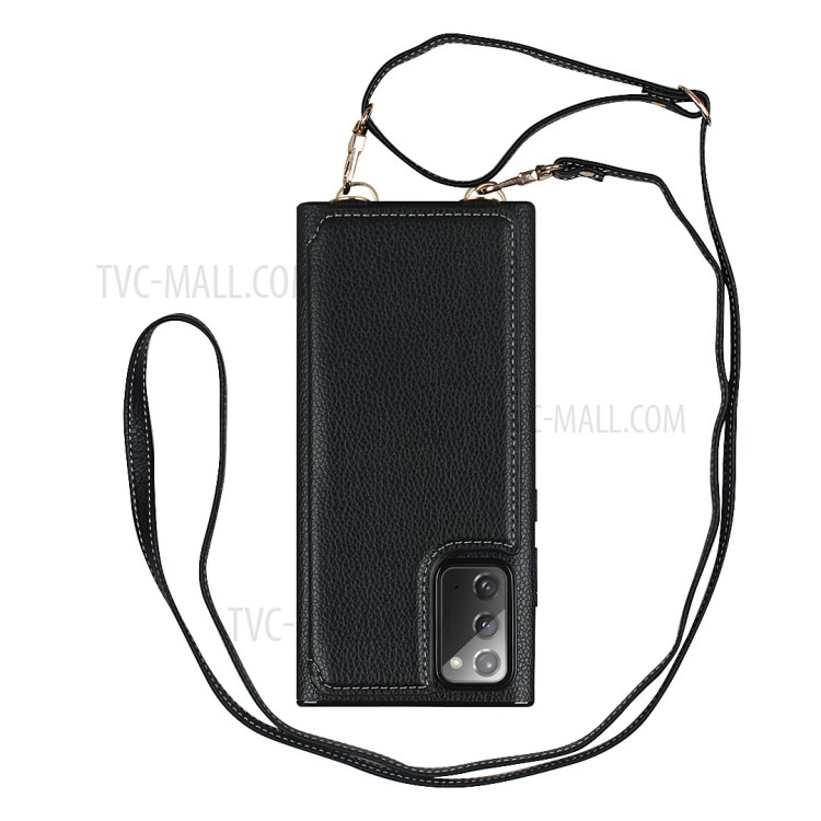 Litchi Texture Card Holder + Mirror Folio Flip Phone Cover with Strap for Samsung Galaxy Note 20/Note 20 5G - Black-3