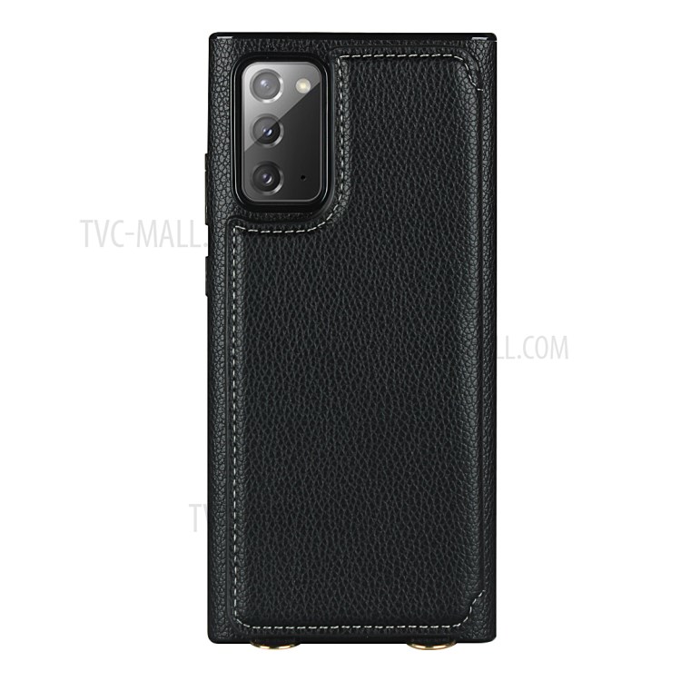 Litchi Texture Card Holder + Mirror Folio Flip Phone Cover with Strap for Samsung Galaxy Note 20/Note 20 5G - Black-4