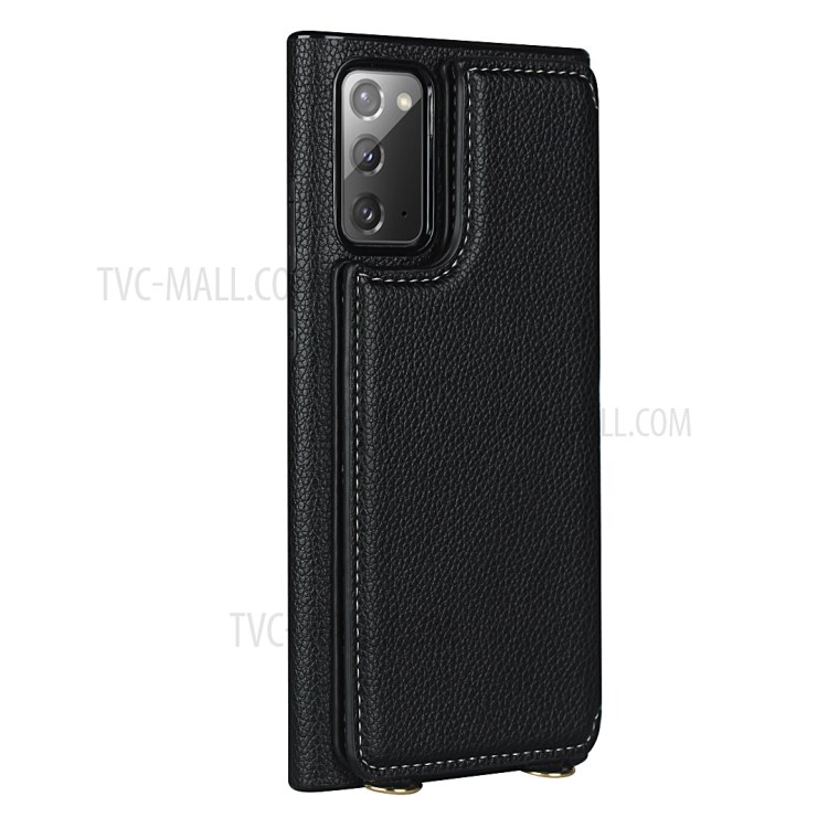 Litchi Texture Card Holder + Mirror Folio Flip Phone Cover with Strap for Samsung Galaxy Note 20/Note 20 5G - Black-5