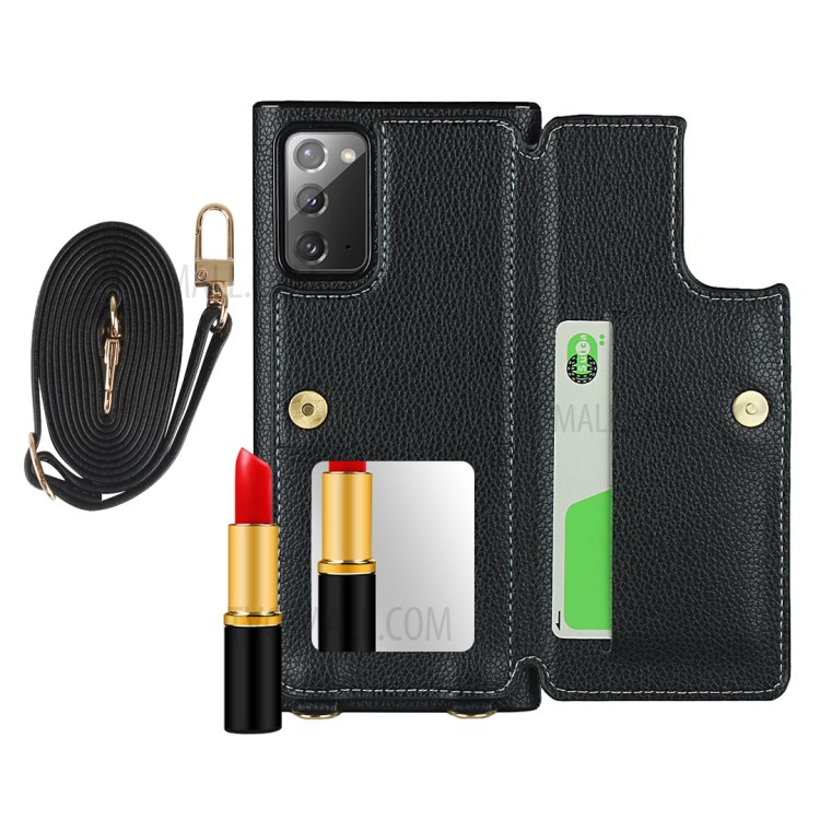 Litchi Texture Card Holder + Mirror Folio Flip Phone Cover with Strap for Samsung Galaxy Note 20/Note 20 5G - Black-7