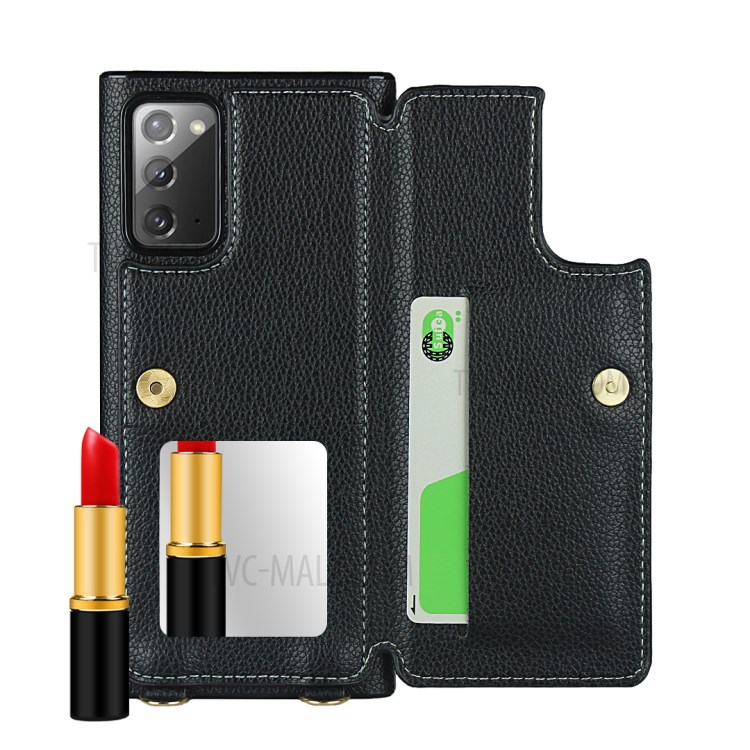 Litchi Texture Card Holder + Mirror Folio Flip Phone Cover with Strap for Samsung Galaxy Note 20/Note 20 5G - Black-8