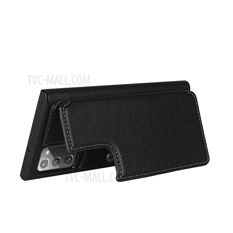 Litchi Texture Card Holder + Mirror Folio Flip Phone Cover with Strap for Samsung Galaxy Note 20/Note 20 5G - Black-9