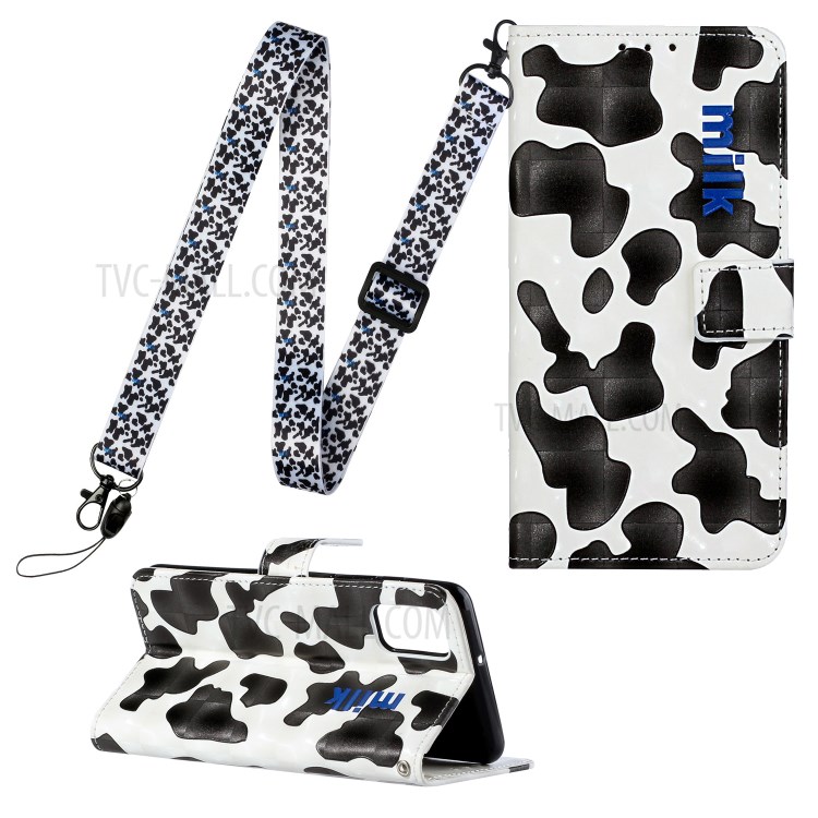 3D Pattern Printing Leather Wallet Shell with Adjustable Lanyard for Samsung Galaxy A51 SM-A515 - Black/White-1