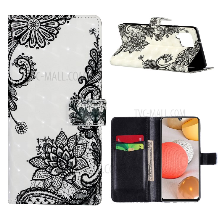Light Spot Decor Pattern Printing for Samsung Galaxy A42 5G Wallet Stand Leather Phone Case - Lace Flower-1