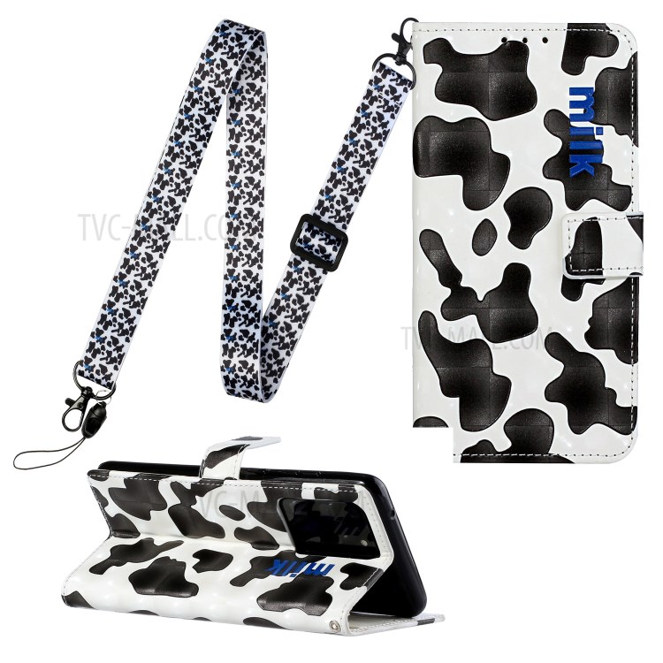 3D Pattern Printing Leather Case Wallet Shell with Adjustable Lanyard for Samsung Galaxy S20 Ultra - Black/White-1