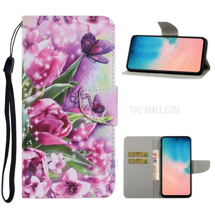 Unique Pattern Printing Wallet Stand Leather Case with Lanyard for Samsung Galaxy S20 Plus - Flowers/Butterflies-1