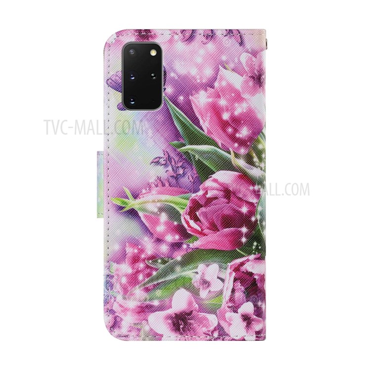 Unique Pattern Printing Wallet Stand Leather Case with Lanyard for Samsung Galaxy S20 Plus - Flowers/Butterflies-2
