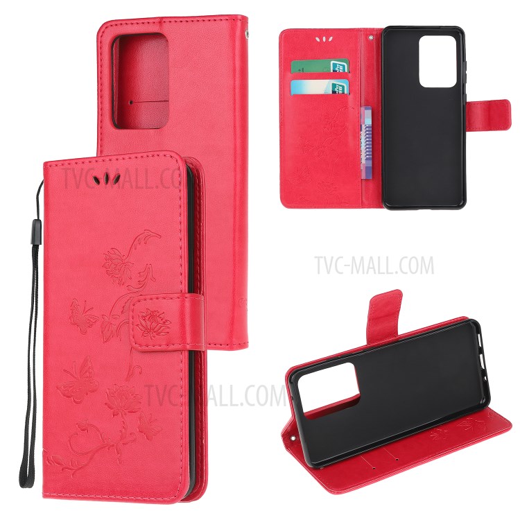 Butterfly Flowers Imprinting Leather Cover with Wallet and Case for Samsung Galaxy S30 Ultra/S21 Ultra - Red-1