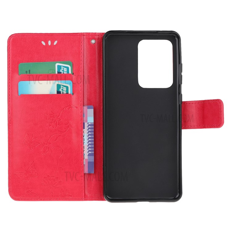 Butterfly Flowers Imprinting Leather Cover with Wallet and Case for Samsung Galaxy S30 Ultra/S21 Ultra - Red-5