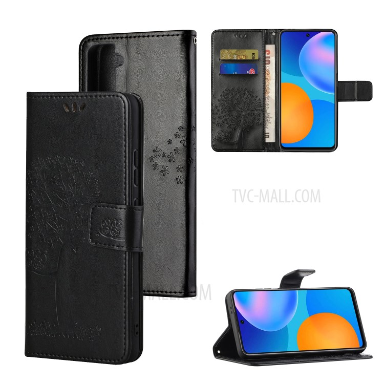 Imprint Tree and Owl Leather Wallet Stand Case for Samsung Galaxy S21+ / S30+ - Black-1