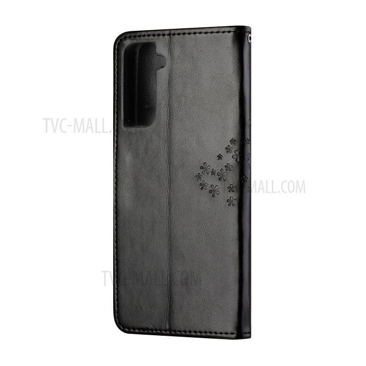 Imprint Tree and Owl Leather Wallet Stand Case for Samsung Galaxy S21+ / S30+ - Black-4