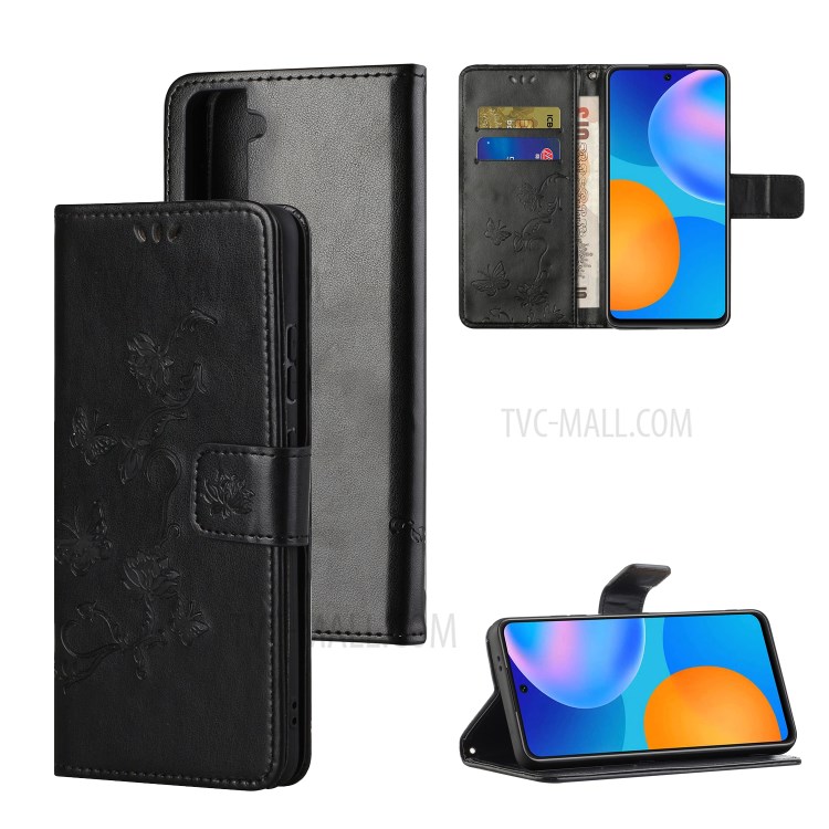 Imprint Butterfly Flowers Leather Wallet Stand Case for Samsung Galaxy S21+ / S30+ - Black-1