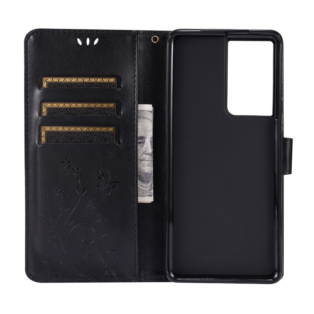 Funda De Cuero De Impresión De La Flor De La Mariposa Con La Correa De La Muñeca Para Samsung Galaxy S21 Ultra 5G / S30 Ultra - Negro-5