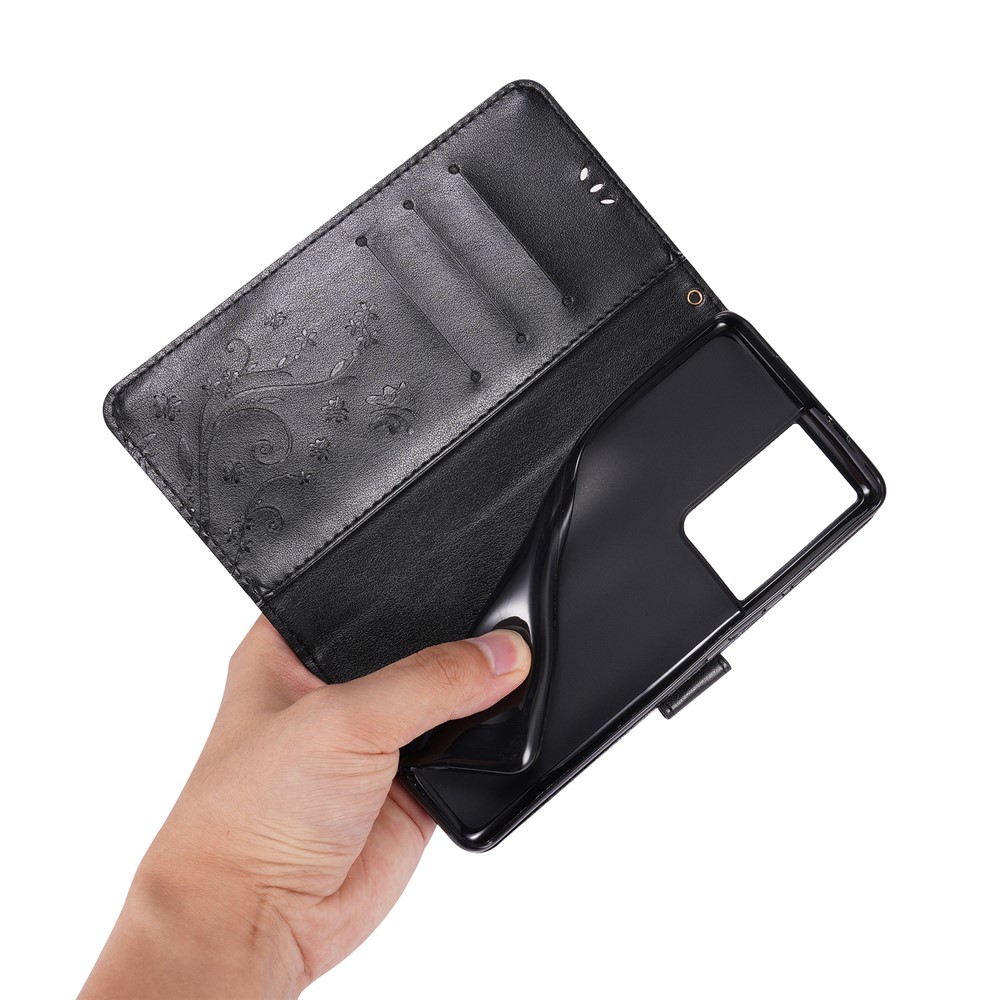Funda De Cuero De Impresión De La Flor De La Mariposa Con La Correa De La Muñeca Para Samsung Galaxy S21 Ultra 5G / S30 Ultra - Negro-6