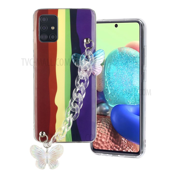 Rainbow Pattern IMD Workmanship TPU Phone Cover with Wrist Strap for Samsung Galaxy A51 SM-A515 - Brown and Purple-1