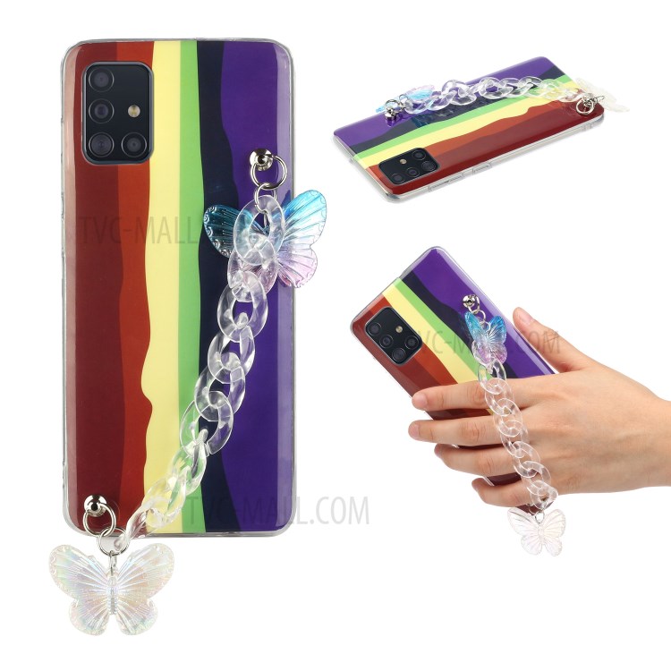 Rainbow Pattern IMD Workmanship TPU Phone Cover with Wrist Strap for Samsung Galaxy A51 SM-A515 - Brown and Purple-2