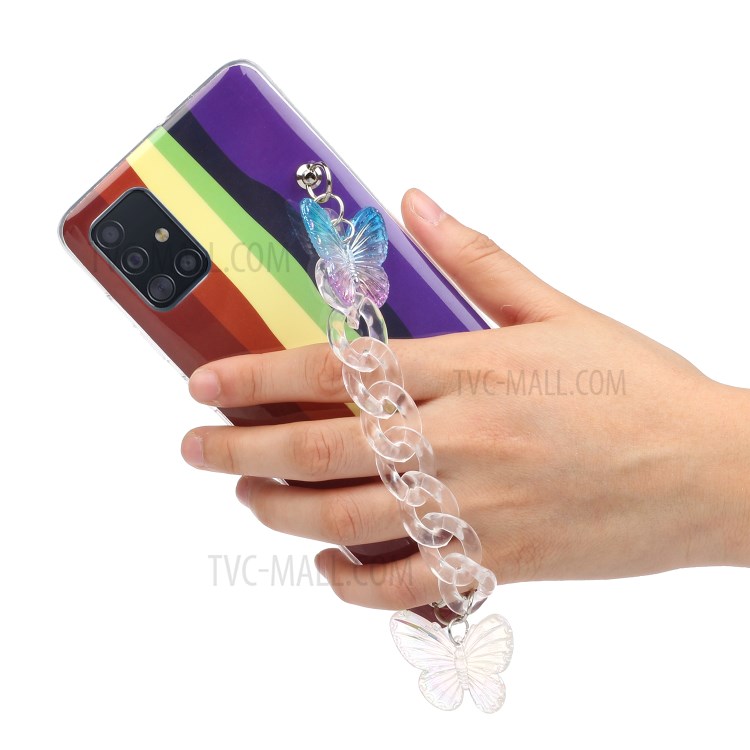 Rainbow Pattern IMD Workmanship TPU Phone Cover with Wrist Strap for Samsung Galaxy A51 SM-A515 - Brown and Purple-3