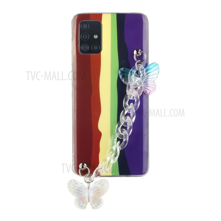 Rainbow Pattern IMD Workmanship TPU Phone Cover with Wrist Strap for Samsung Galaxy A51 SM-A515 - Brown and Purple-4