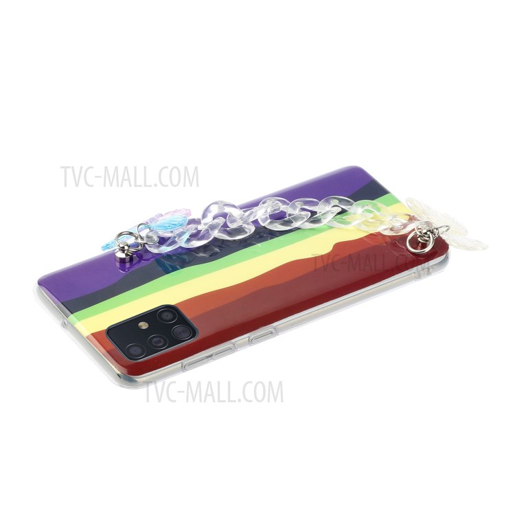 Rainbow Pattern IMD Workmanship TPU Phone Cover with Wrist Strap for Samsung Galaxy A51 SM-A515 - Brown and Purple-5