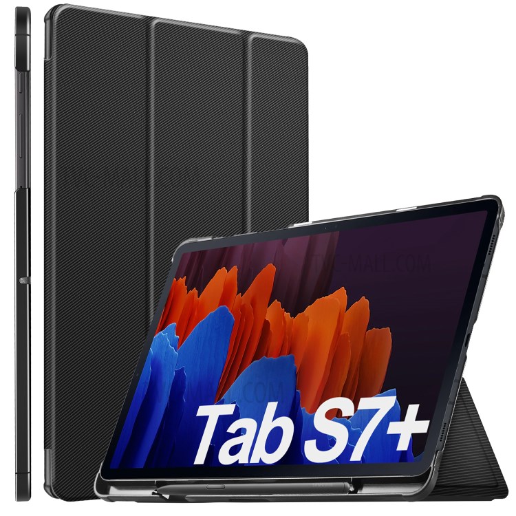 Tri-fold Stand PU Leather Cover with Pen Holder for Samsung Galaxy Tab S7 Plus SM-T970/T975/T976 - Black-2