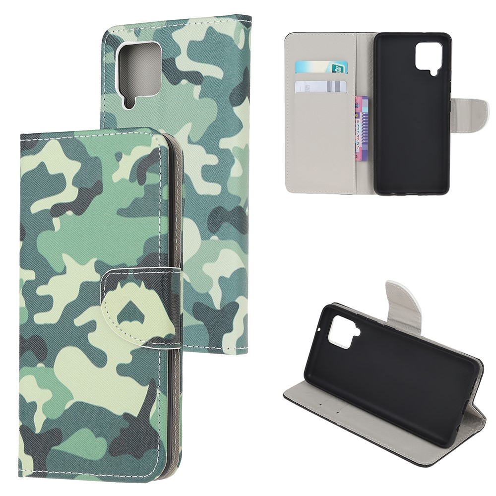 Pattern Printing Cross Texture Leather Wallet Phone Stand Protective Case for Samsung Galaxy A12 - Camouflage-1