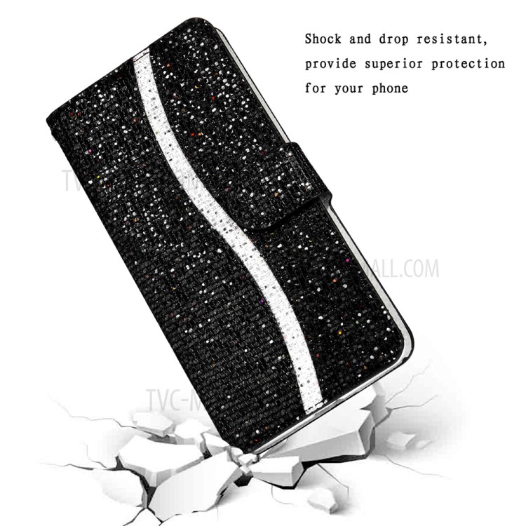 Glittery Powder Splicing Wallet Stand Leather Phone Cover for Samsung Galaxy M51 (Side Fingerprint Version) - Black-7