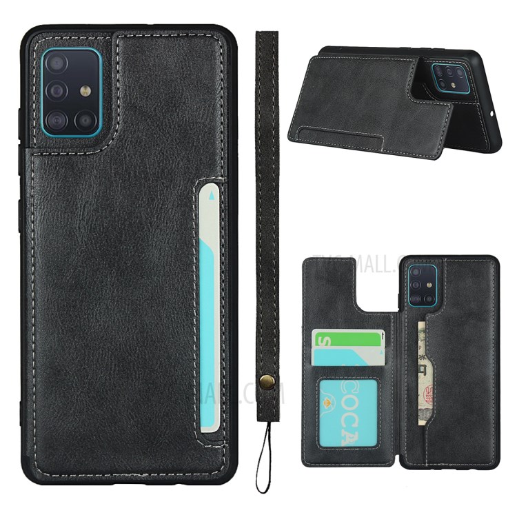 Leather Coated TPU Kickstand Case with Card Slots for Samsung Galaxy A51 SM-A515 - Black-1
