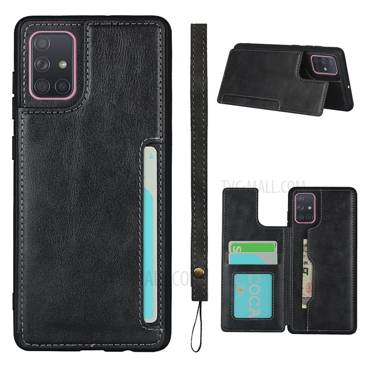 Leather Coated TPU Kickstand Case with Card Slots for Samsung Galaxy A71 SM-A715 - Black-1