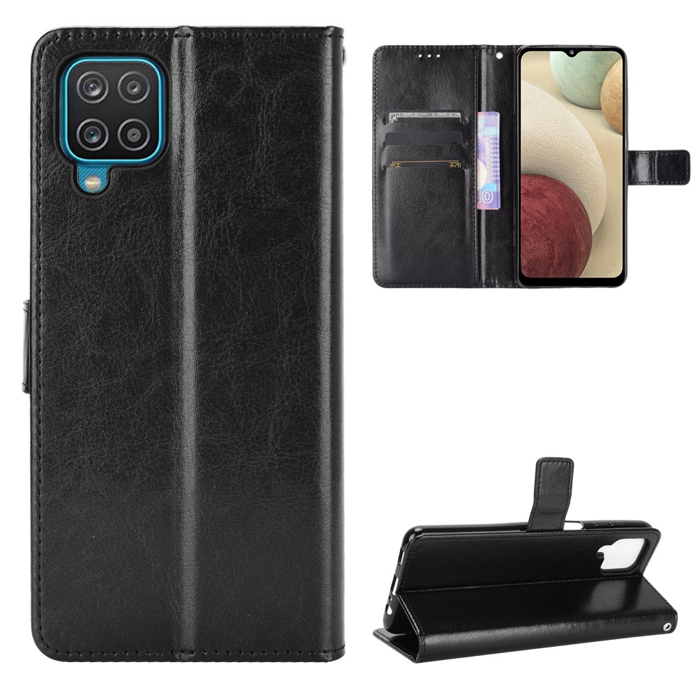 Crazy Horse Wallet Stand Leather Shell with Strap for Samsung Galaxy A12/M12 - Black-1