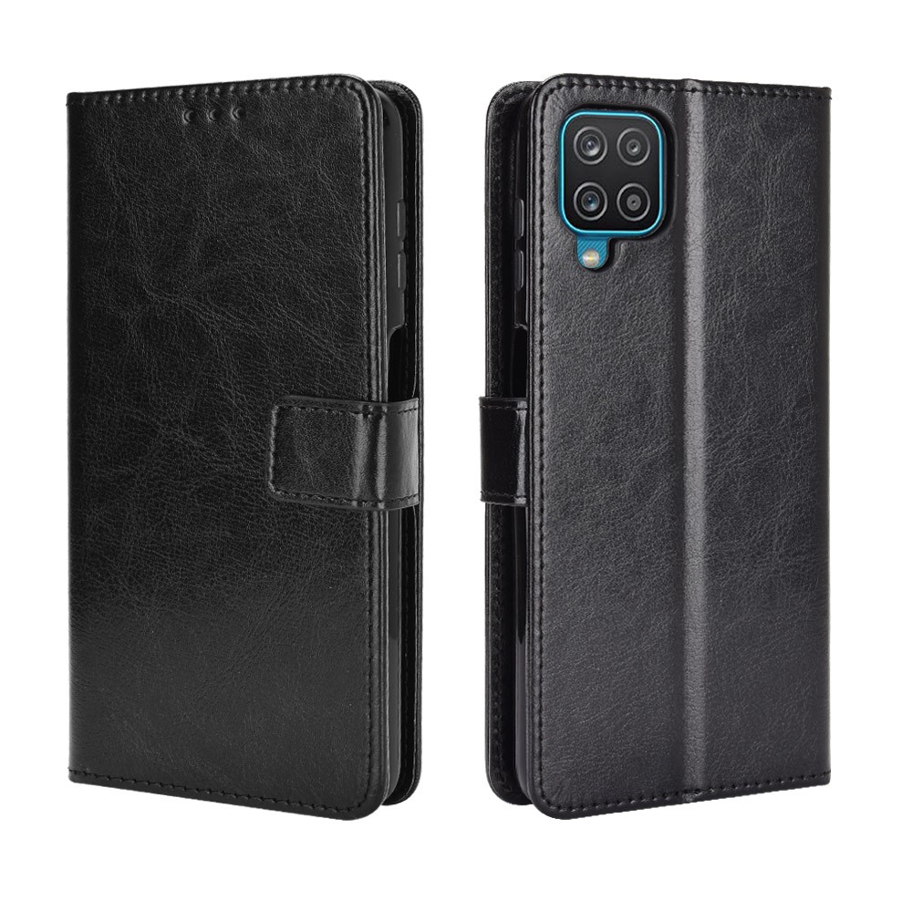 Crazy Horse Wallet Stand Leather Shell with Strap for Samsung Galaxy A12/M12 - Black-2