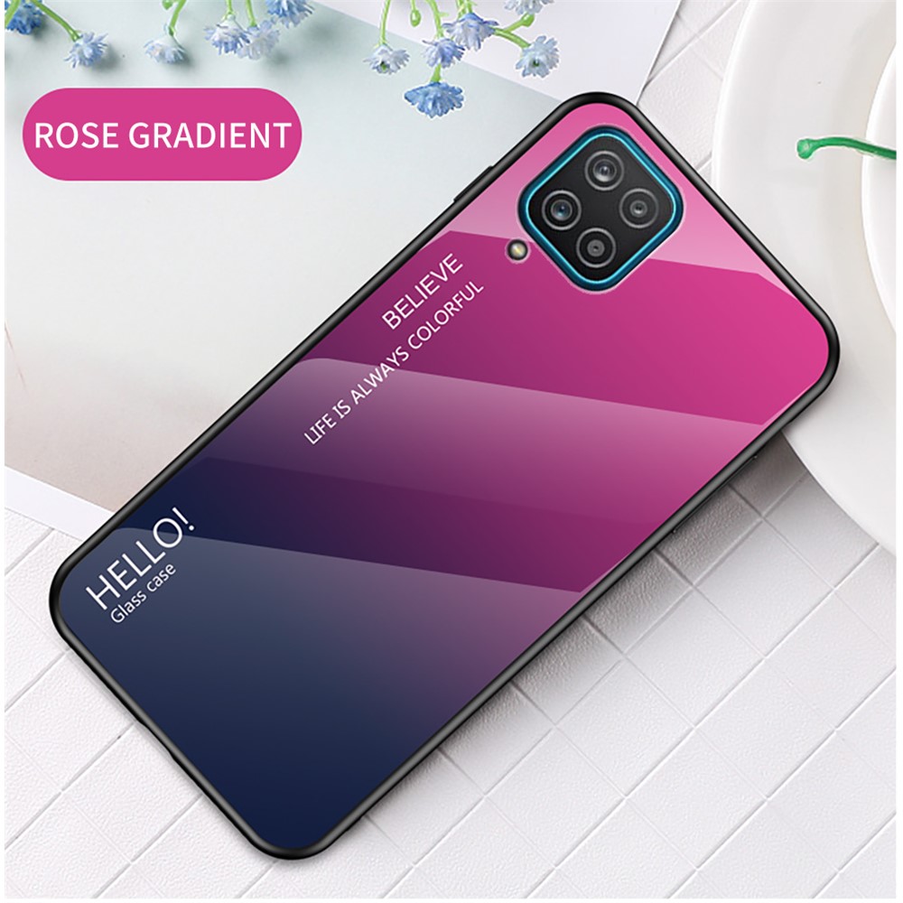 TPU -rahmen + Temperiertes Glasfarbgradientenmuster Mobiltelefon Zurück Für Samsung Galaxy A12 - Rose/blau