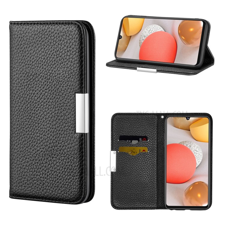 Litchi Skin Auto-absorbed Leather Case with Card Slots for Samsung Galaxy A42 5G - Black-1